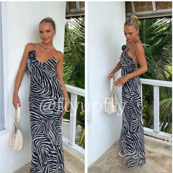 Zara Ruffled Maxi Dress Zebra Size S - Picture 3 of 11